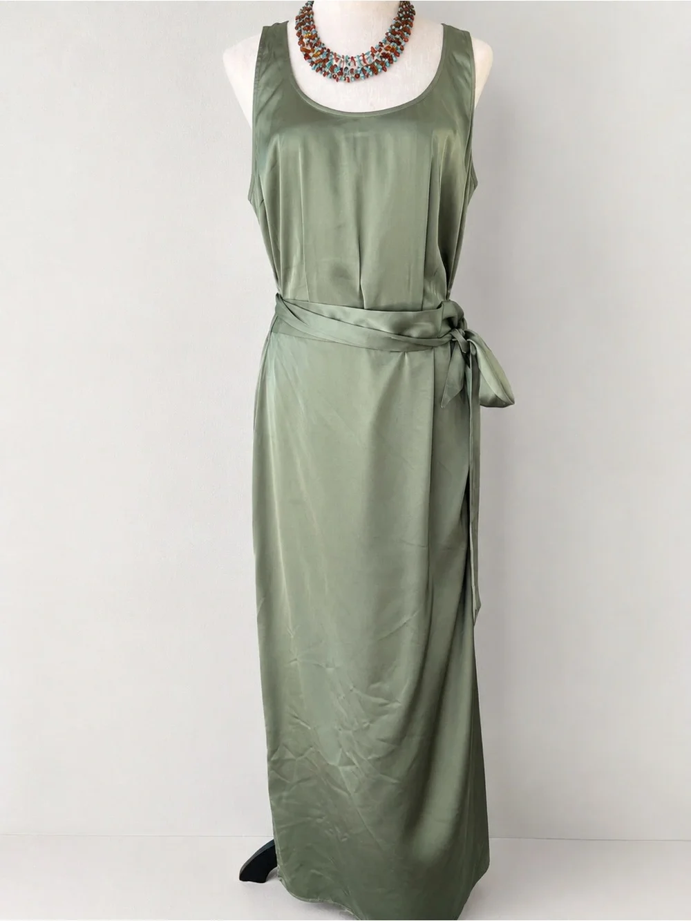 Abercrombie & Fitch Sage Green Satin Faux Wrap Slip Maxi Dress Belted SIZE LARGE